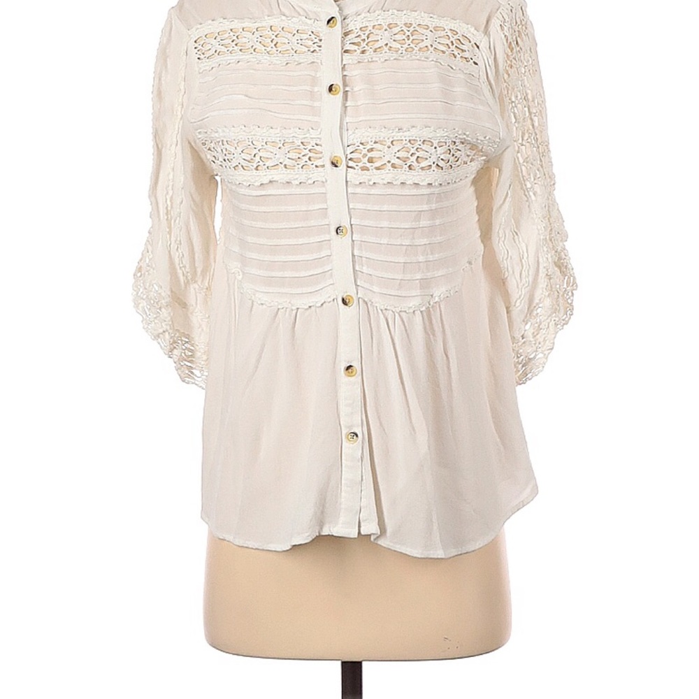 Free People Lace front Button Front Neutral Rayon Blouse